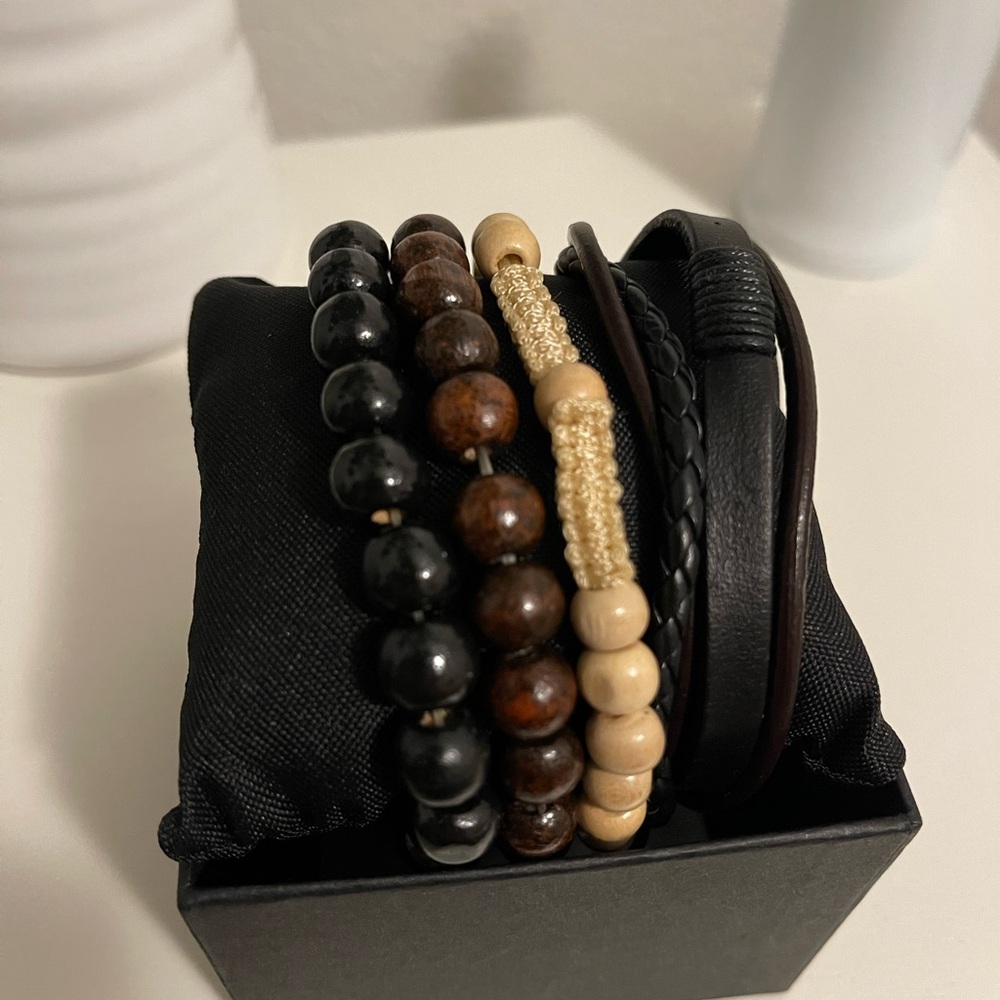 Black and Brown Beaded Bracelet Set 4 piece
